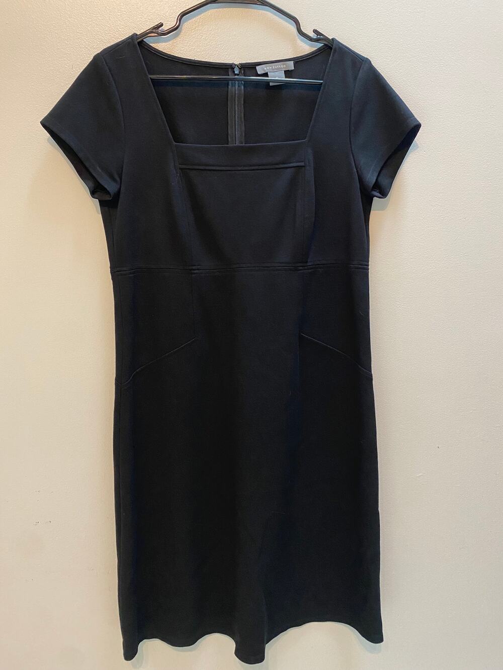 Ann Taylor Sheath Dress Size 10 Black Career Square Neck Cap Sleeve